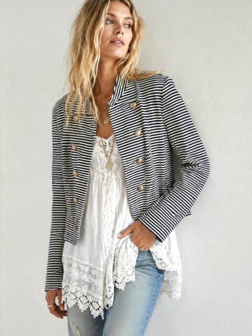 Tommy Hilfiger Band Jacket Style Navy and White Striped Boho